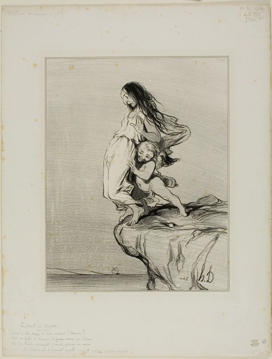Sappho's Death. “Young ladies, you see where love leads us Under our feet so dainty and small The wretched chasm of an abyss Into which we eventually fall,” plate 49 from Histoire Ancienne by Honoré-Victorin Daumier, print, 1843