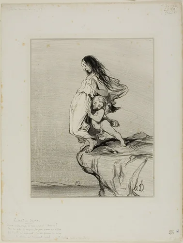 Sappho's Death. “Young ladies, you see where love leads us Under our feet so dainty and small The wretched chasm of an abyss Into which we eventually fall,” plate 49 from Histoire Ancienne by Honoré-Victorin Daumier, print, 1843