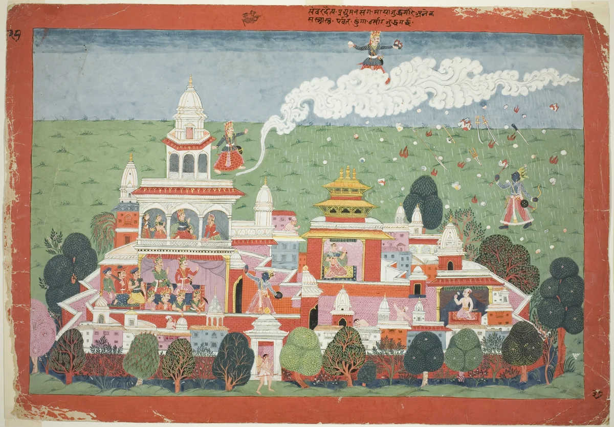Pradyumna Enters the Palace of the Demon Sambar and Challenges him to Battle, page from a Dispersed Bhagavata Purana manuscript by Nepal, painting, 1770-1780