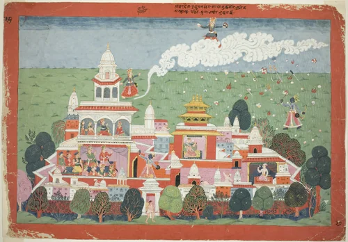 Pradyumna Enters the Palace of the Demon Sambar and Challenges him to Battle, page from a Dispersed Bhagavata Purana manuscript by Nepal, painting, 1770-1780