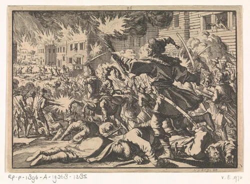 Strijd der Russen en Polakken in Moskou, waarbij de stad grotendeels in de as wordt gelegd, 1611 by Jan Luyken, print, 1698