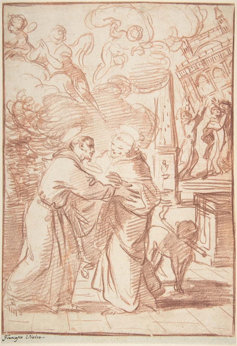 Saint Francis Meeting Saint Dominic by Francisco Vieira de Mattos, drawing, 1699-1783