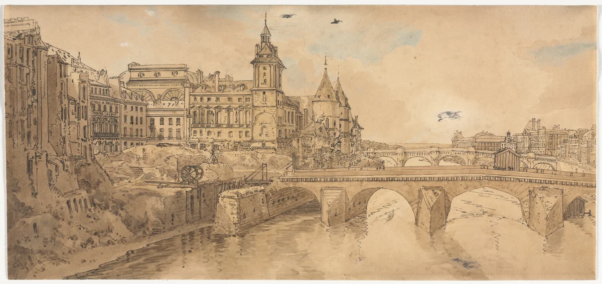 A Selection of Twenty of the Most Picturesque Views in Paris: View of Pont au Change, the City Theatre, Pont Neuf, Conciergerie Prison, and taken from Pont Notre Dame by Thomas Girtin, print, 1802