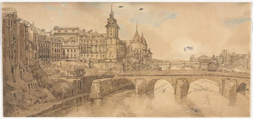 A Selection of Twenty of the Most Picturesque Views in Paris: View of Pont au Change, the City Theatre, Pont Neuf, Conciergerie Prison, and taken from Pont Notre Dame by Thomas Girtin, print, 1802