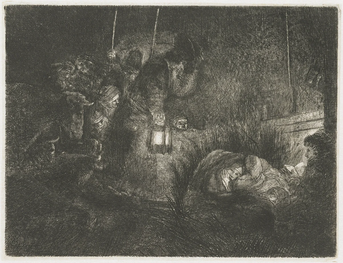 The adoration of the shepherds: a night piece by Rembrandt van Rijn, print, 1657