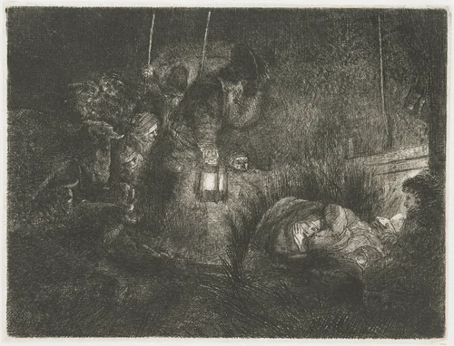 The adoration of the shepherds: a night piece by Rembrandt van Rijn, print, 1657