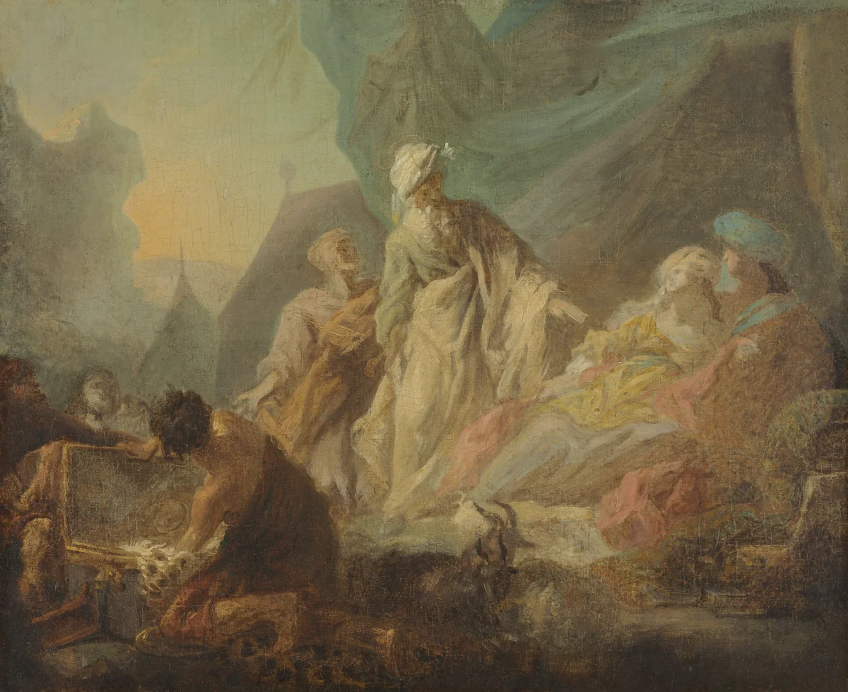 Laban Searching for His Stolen Gods by Augustin de Saint-Aubin, painting, 1753