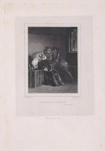 Mary, Queen of Scots being urged by Sir Robert Melville to abdicate (from "Oeuvres de Walter Scott: Histoire d'Écosse," series one, volume 26, chapter 29) by Pierre-Léonard Dandeleux, print, 1835