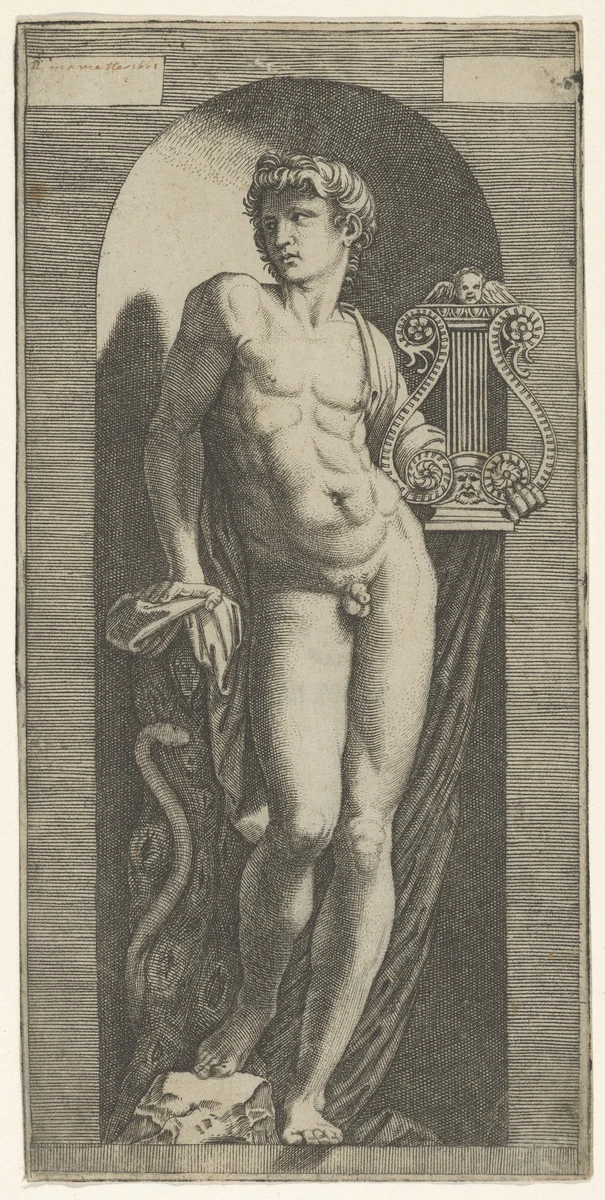 A statue of Apollo, naked standing in a niche, holding a lyre in his left hand and leaning on a tree trunk by Marcantonio Raimondi, print, 1512-1515