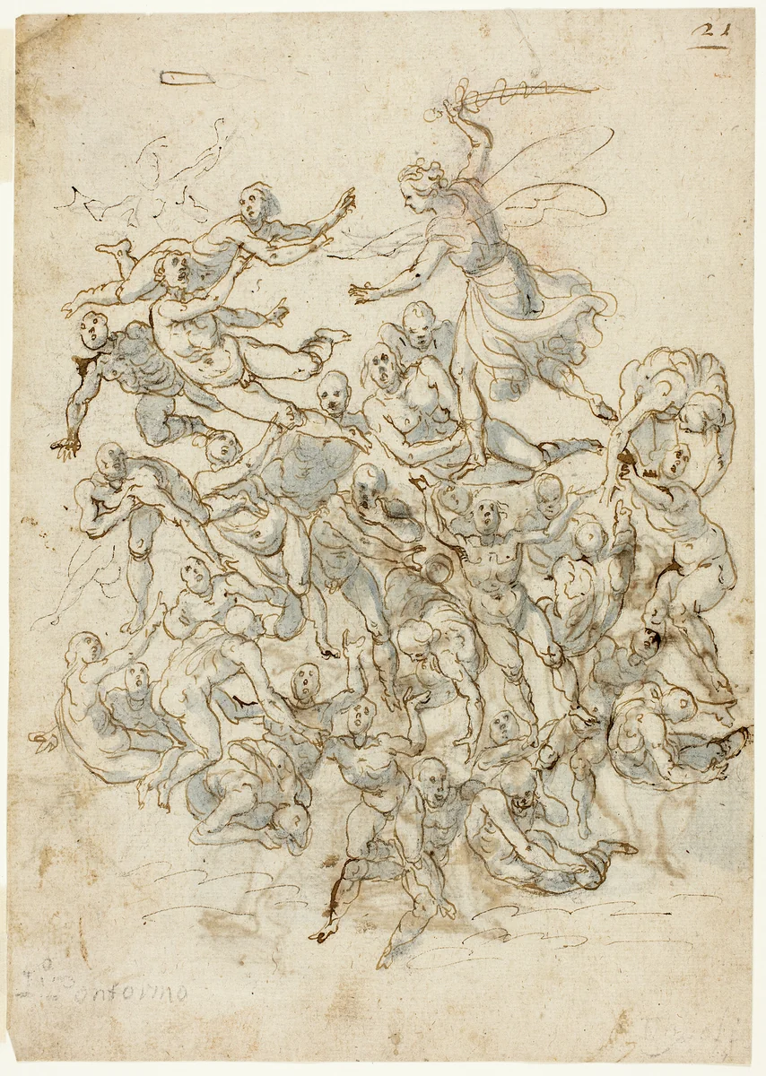 Fall of the Damned (recto); Sketches of Seated Saint John the Baptist (verso) by Ludovico Cardi, drawing, 1500-1599