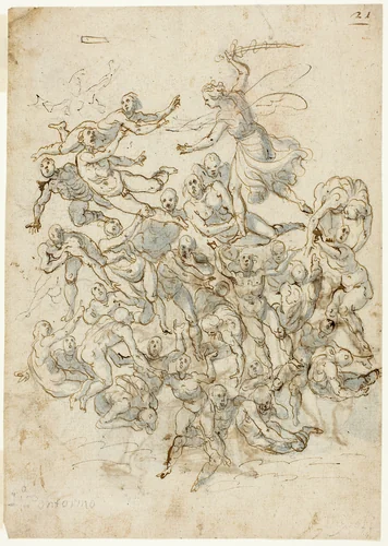 Fall of the Damned (recto); Sketches of Seated Saint John the Baptist (verso) by Ludovico Cardi, drawing, 1500-1599