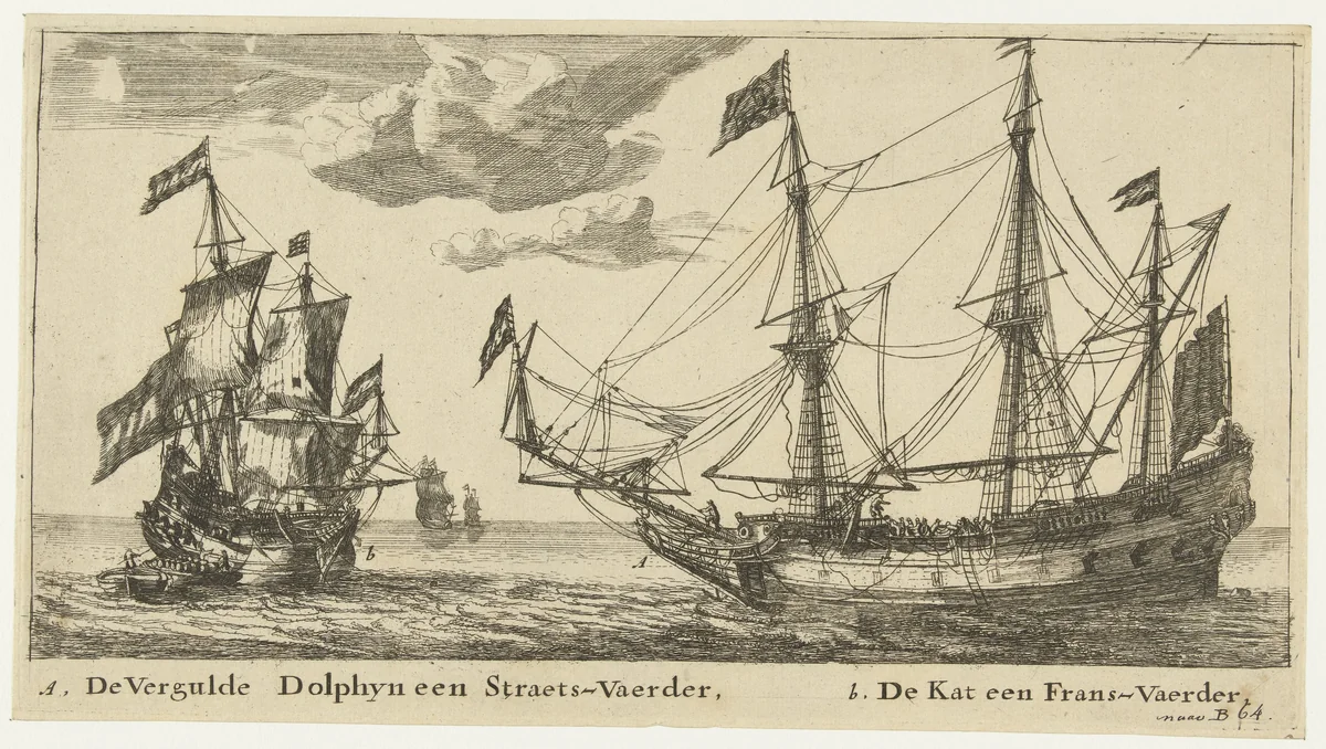 De schepen De Vergulde Dolfijn en De Kat by anonymous, print, 1652-1701