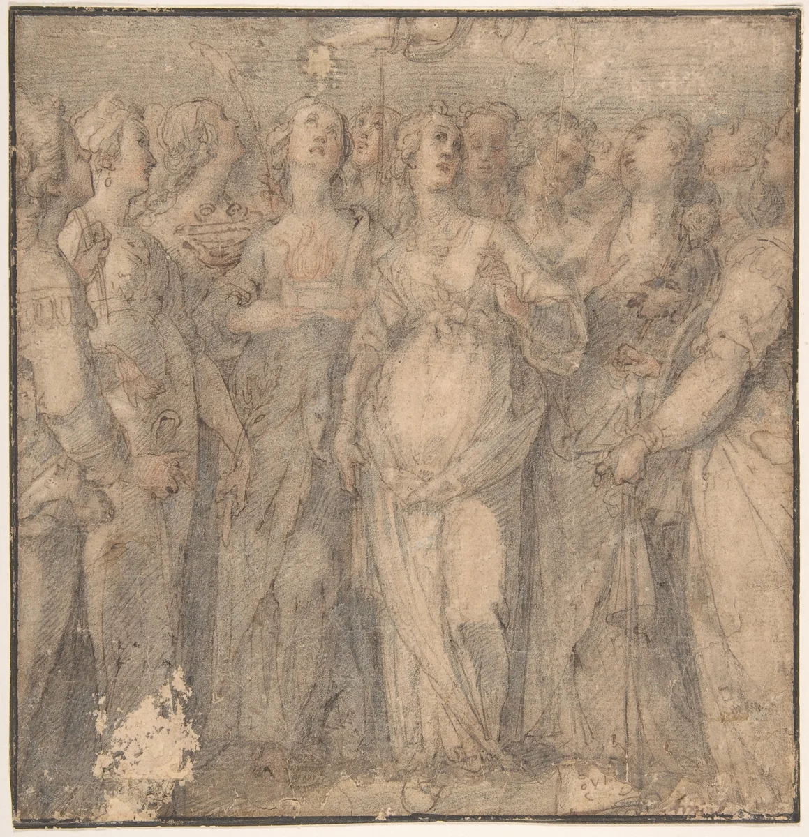 Group of Standing Female Saints (the Holy Virgins) by anonymous, drawing, 1500-1700