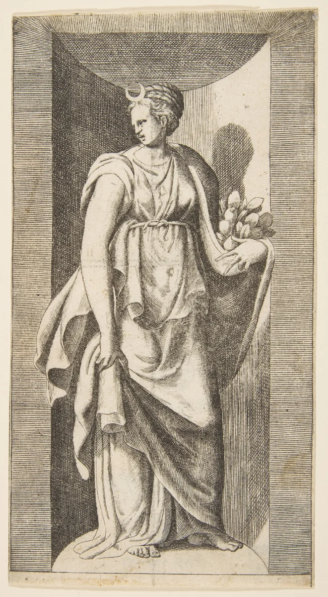 Diana holding fruit in her left hand standing within a niche by Giulio Bonasone, print, 1526-1536