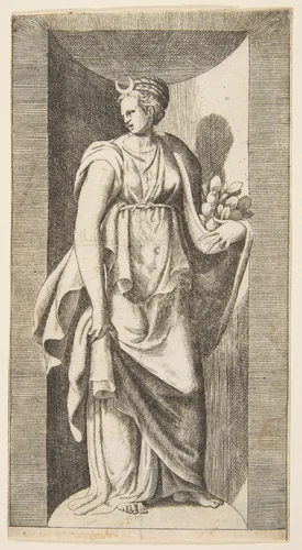 Diana holding fruit in her left hand standing within a niche by Giulio Bonasone, print, 1526-1536