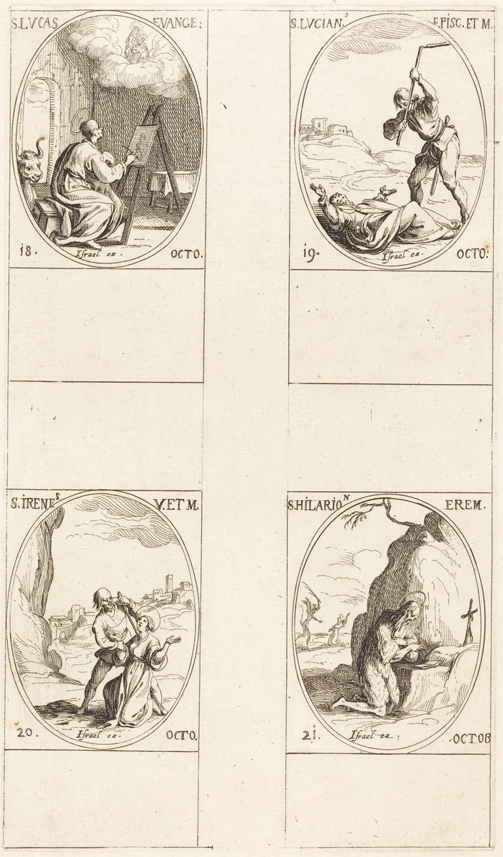 St. Luke; St. Lucian; St. Irene; St. Hilarion by Jacques Callot, print, 1627-1637