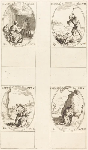 St. Luke; St. Lucian; St. Irene; St. Hilarion by Jacques Callot, print, 1627-1637