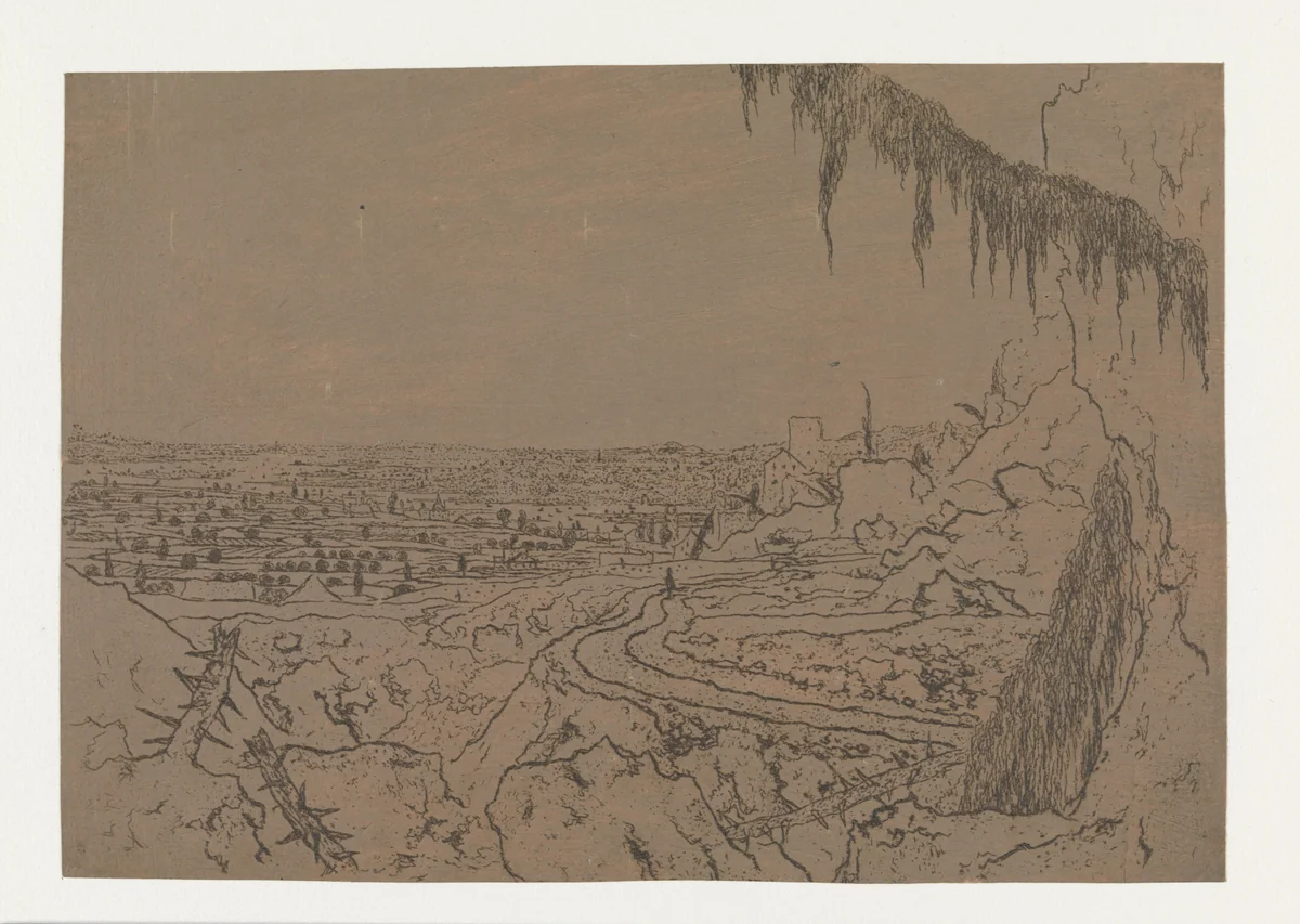 Distant View with a Road and Mossy Branches by Hercules Segers, print, 1622-1625