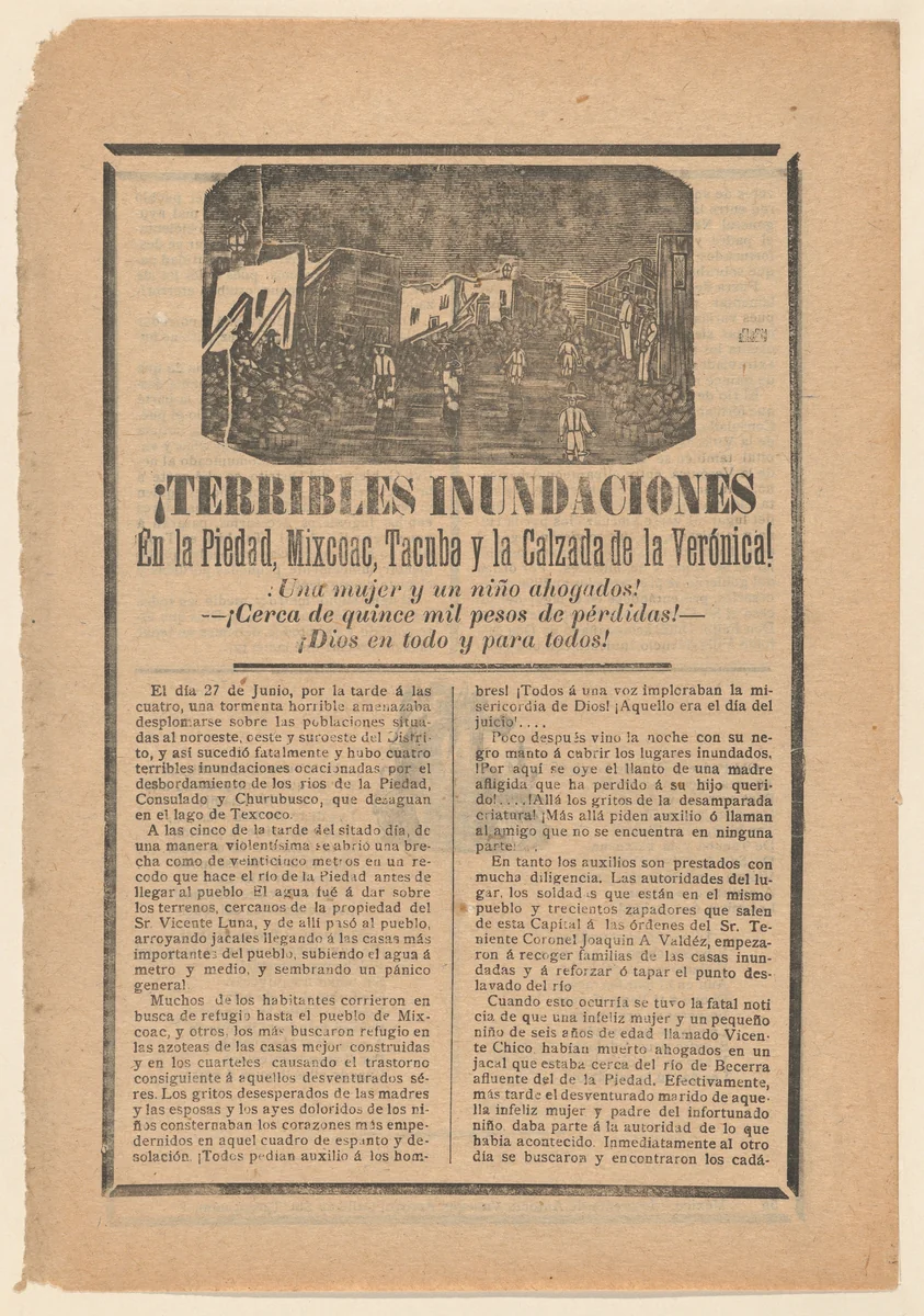 Broadside relating to a news story about floods in multiple cities, villagers wading through water by José Guadalupe Posada, print, 1895-1905