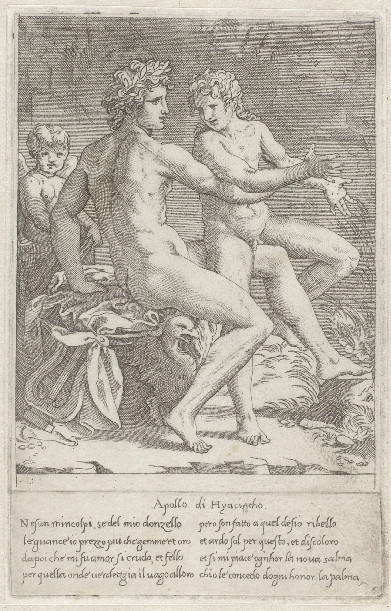 Apollo en Hyacinthus by Giovanni Jacopo Caraglio, print, 1515-1565