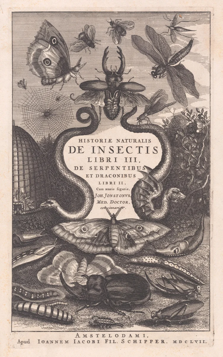 Title Page, "Historiae Naturalis de Insectus, Libri II" by John Jonston, print, 1657