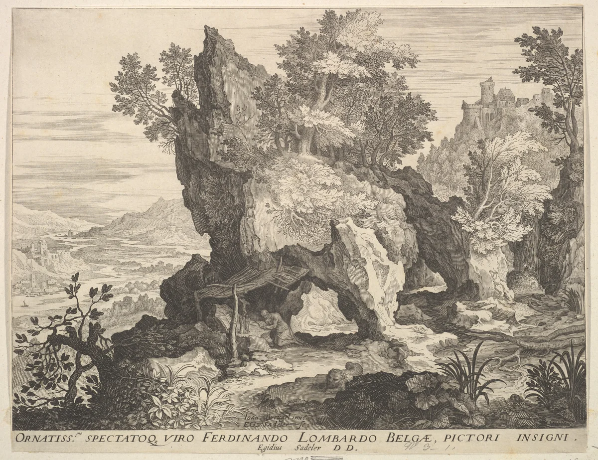 Rocky Landscape with St. Jerome by Aegidius Sadeler II, print, 1568-1629
