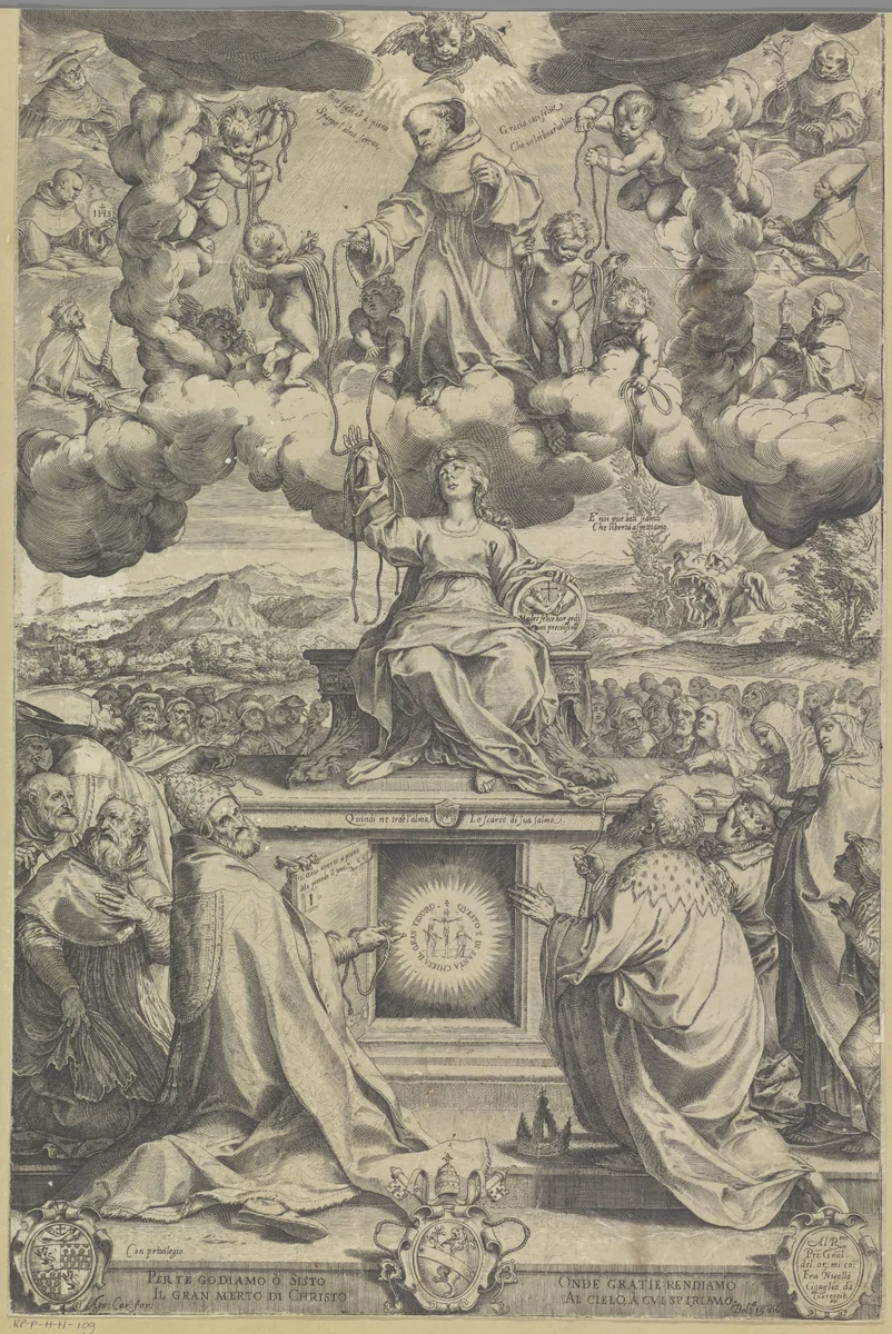 De touwen van de heilige Franciscus by Unknown, print, 1586