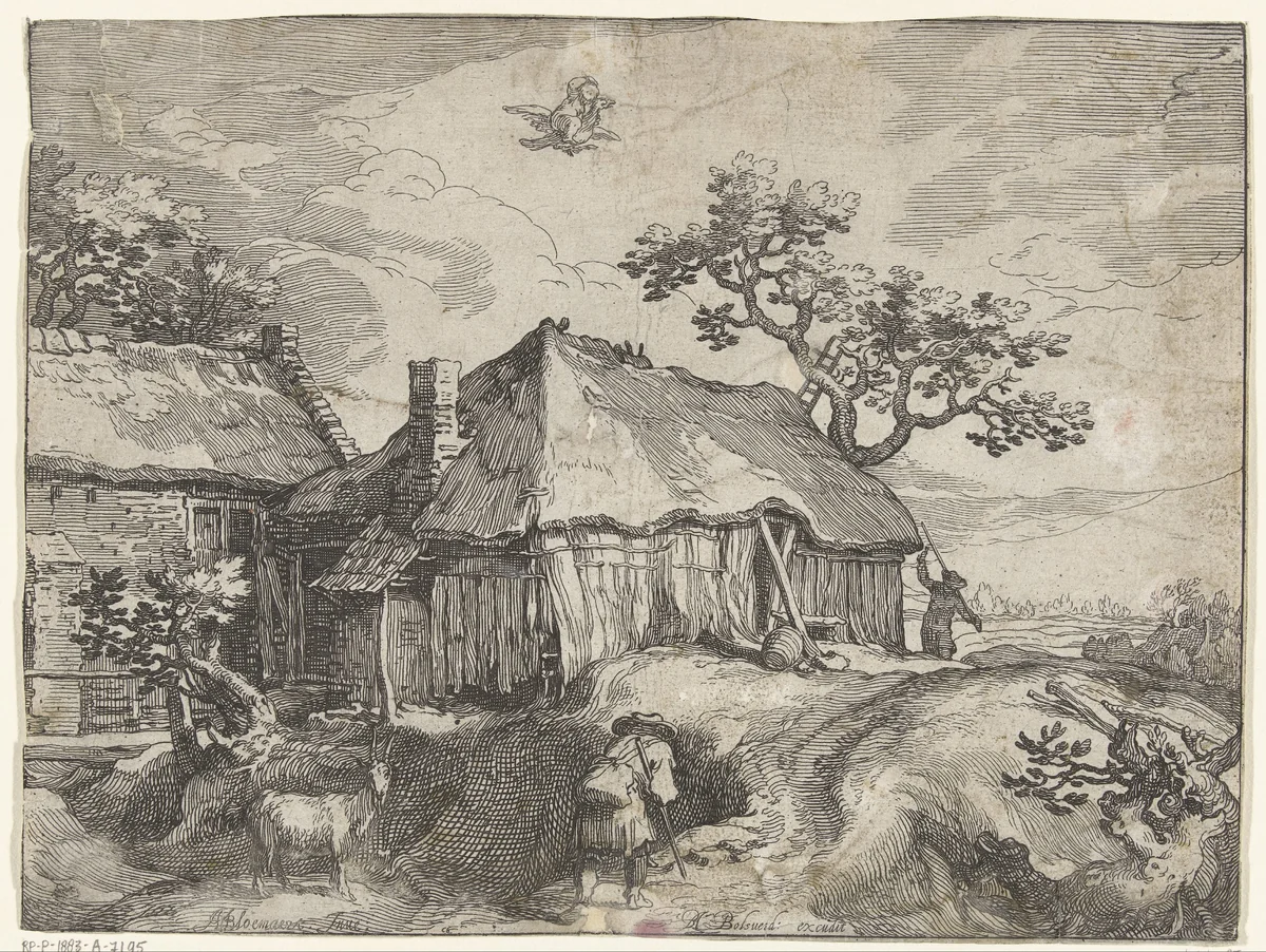 Landschap met boerderij en roof van Ganymedes by Boëtius Adamsz. Bolswert, print, 1612-1614