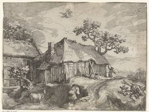 Landschap met boerderij en roof van Ganymedes by Boëtius Adamsz. Bolswert, print, 1612-1614