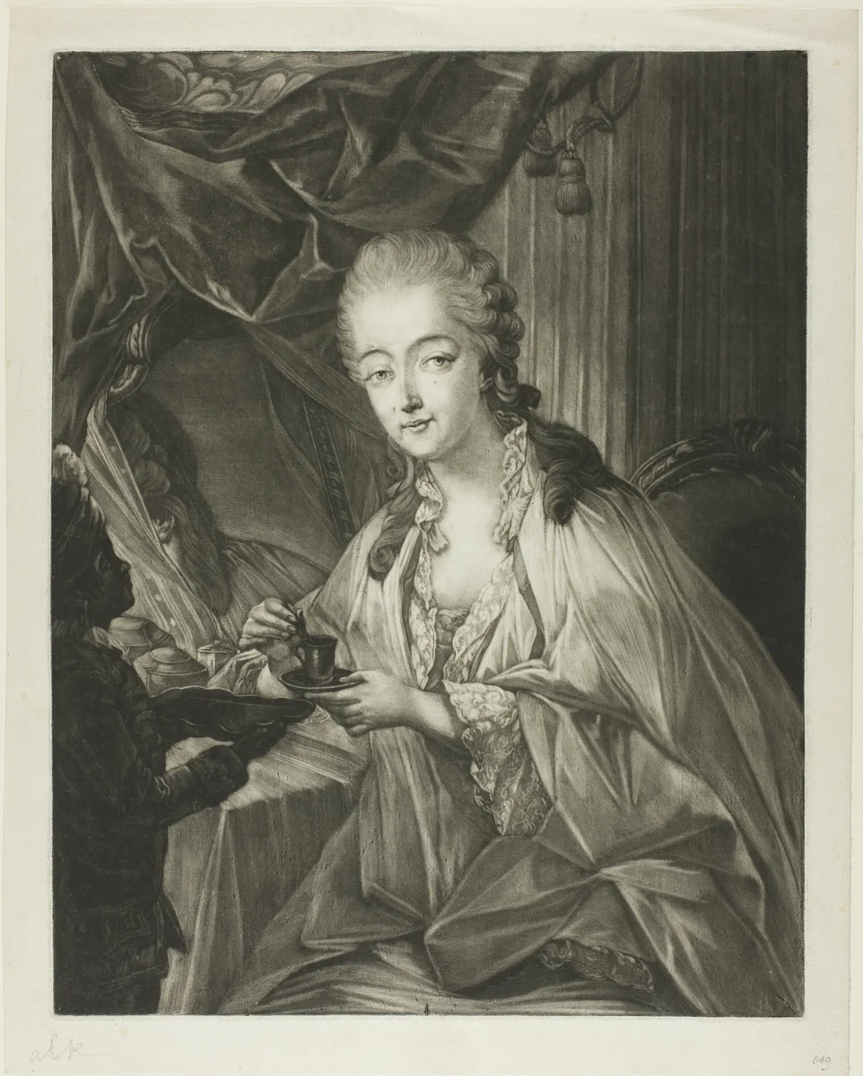 Jeanne Bécu, Comtesse Du Barry, and her servant Zamor by Jean Baptiste André Gautier d'Agoty, print, 1766-1776