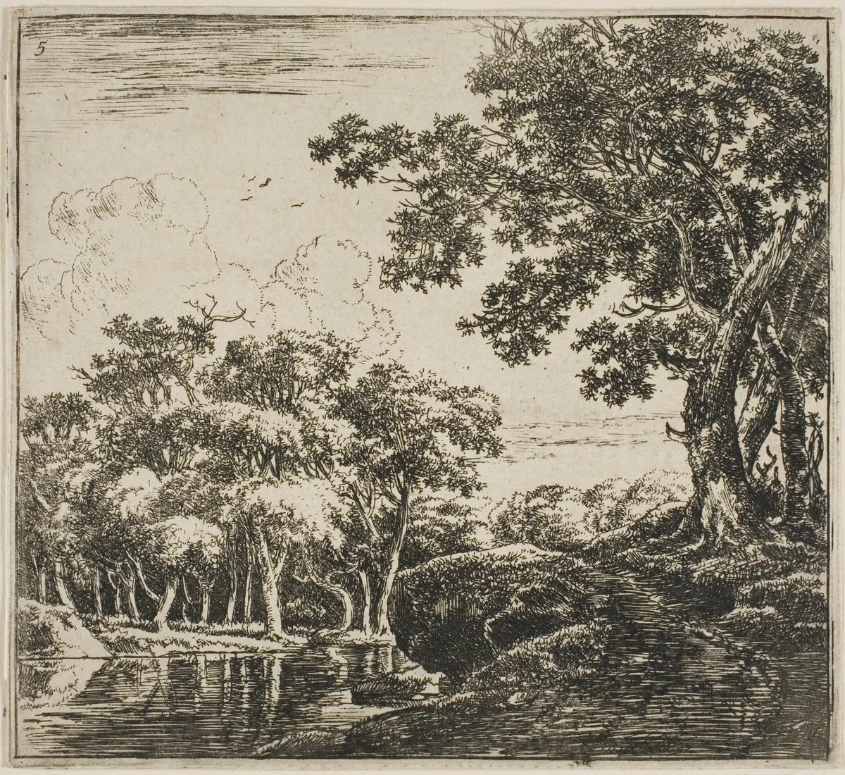 Three Large Trees on a Hill, plate five from Set of Landscapes by Herman Naijwincx, print, 1640-1651