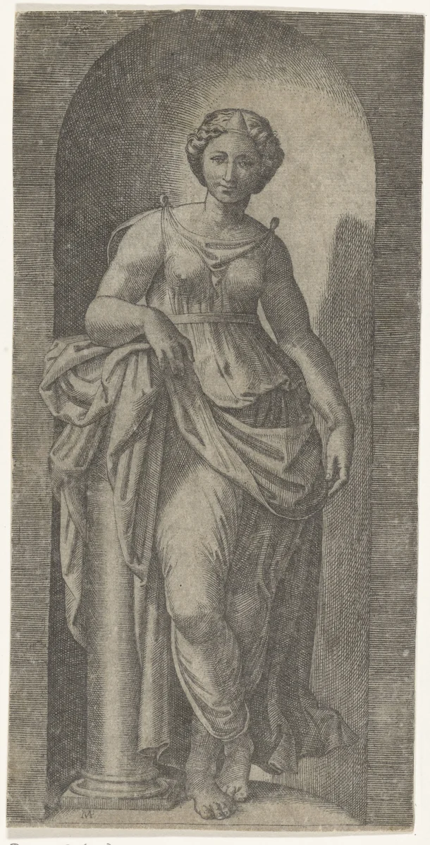 Vrouw als personificatie van Kracht (Fortitudo) leunend op zuil staand in nis by Marcantonio Raimondi, print, 1510-1527