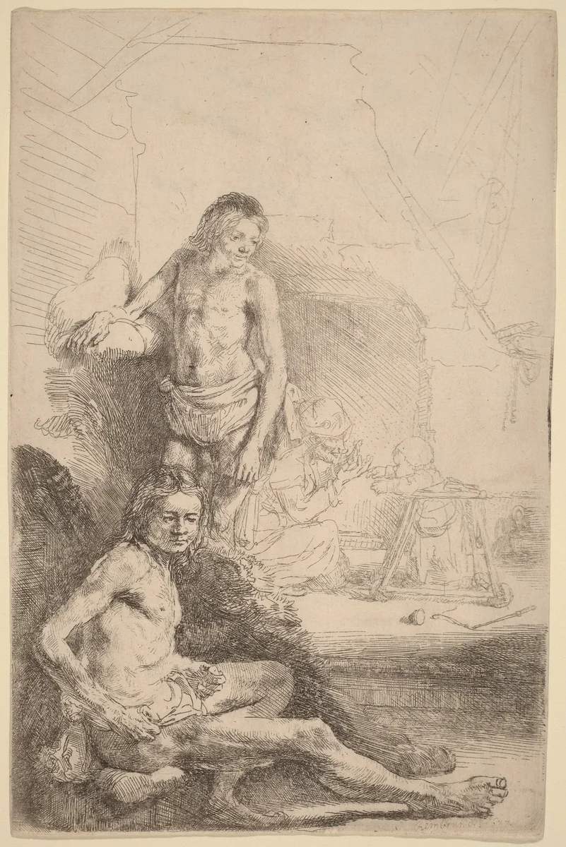 Nude Man Seated and Nude Man Standing, with a Woman and Baby in the Background by Rembrandt van Rijn, print, 1646