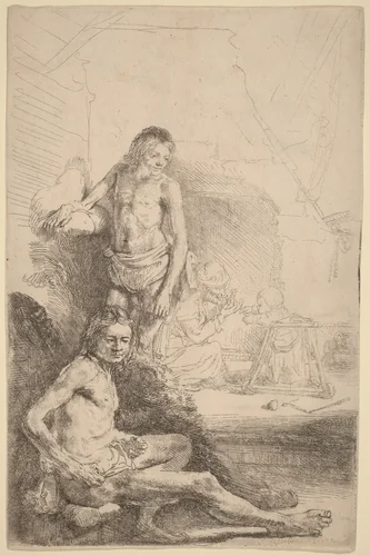 Nude Man Seated and Nude Man Standing, with a Woman and Baby in the Background by Rembrandt van Rijn, print, 1646