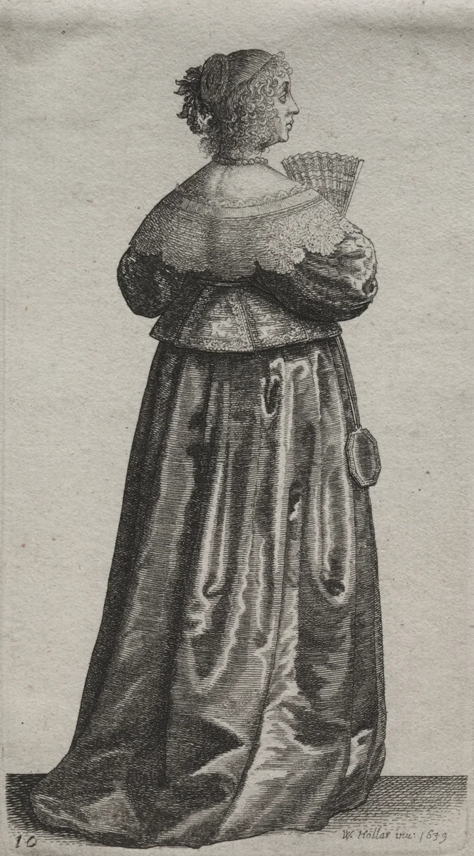 The Several Habits of English Women, from the Nobility to the Country Women as they are in these times: The Woman with a Fan and Mirror by Wenceslaus Hollar, print, 1639