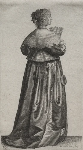 The Several Habits of English Women, from the Nobility to the Country Women as they are in these times: The Woman with a Fan and Mirror by Wenceslaus Hollar, print, 1639