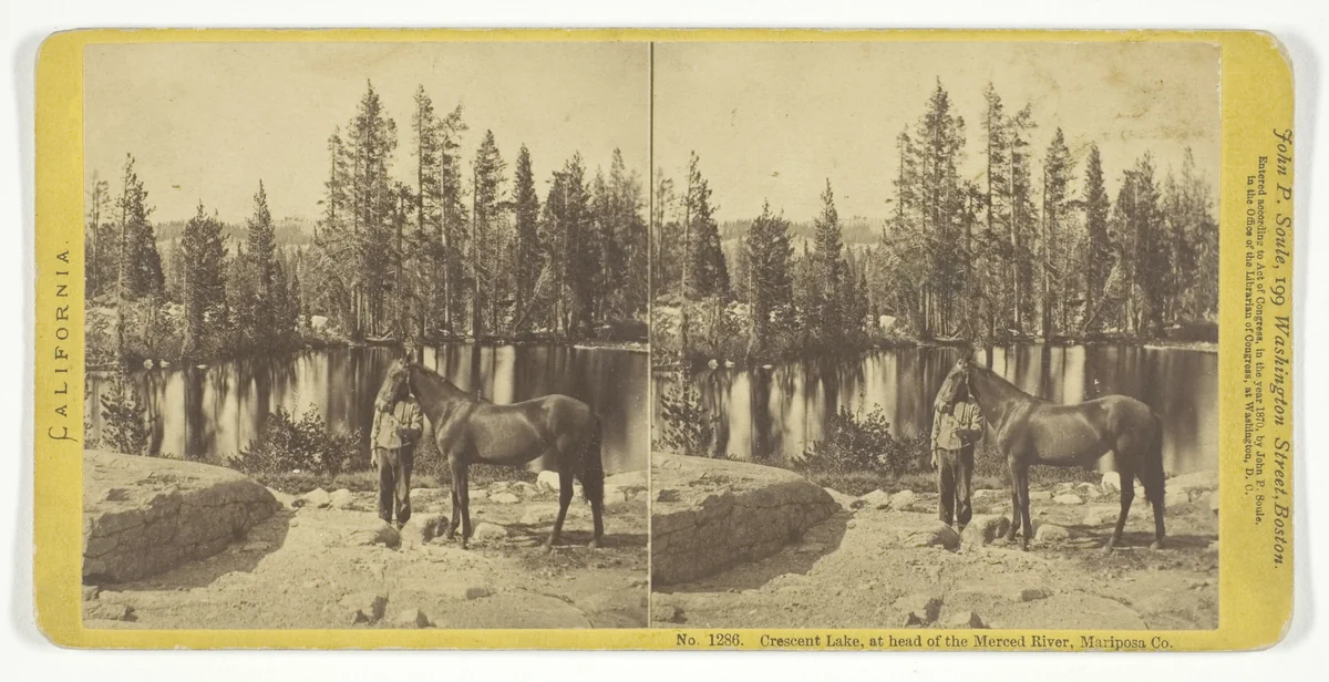 Crescent Lake, at head of the Merced River, Mariposa Co., stereo, No. 1286 from the series "California" by John P. Soule, photograph, 1870