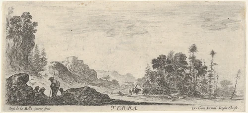 Earth, four figures in foreground to left, hills to left in the background, many trees to right in the background, a horseman in center in the background, from "The Four Elements" (Les Quatre Eléments) by Stefano della Bella, print, 1645-1650
