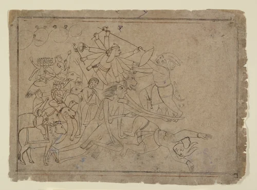 Durga, Kali, and the Matrikas Battle the Demon Raktabija: Scene from the Devi Mahatmya by Nainsukh, painting, 1770-1790