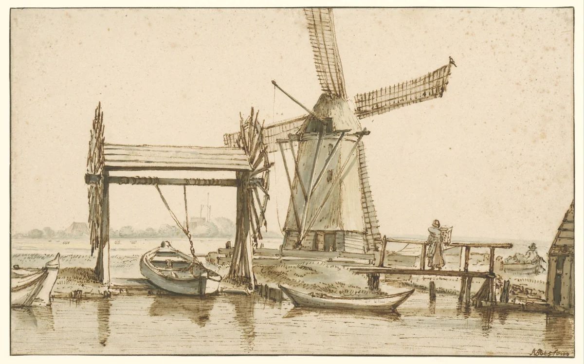 Overhaal en een molen buiten Amsterdam by Anthonie van Borssom, drawing, 1660-1677