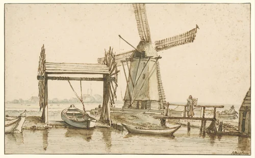 Overhaal en een molen buiten Amsterdam by Anthonie van Borssom, drawing, 1660-1677