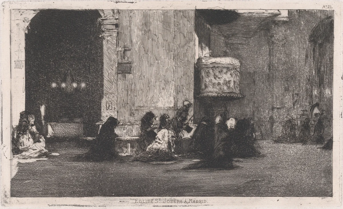 Entrance to the church of St Joseph (San José), Madrid, figures seated on the ground in front by Mariano Fortuny, print, 1860-1870