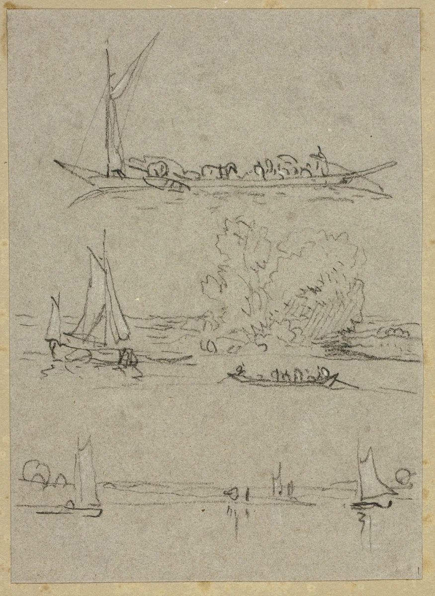 Three Sketches of Dusseldorf River Boats by William Alfred Delamotte, drawing, 1795-1863