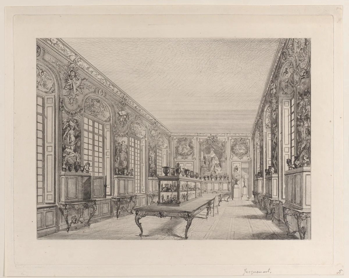 Room in the Louvre Containing Gems and Jewels by Jules Ferdinand Jacquemart, print, 1855-1865