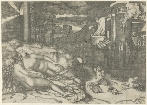 Landschap met twee naakte slapende vrouwen en fantasiedieren op oever bij water met brandend gebouw by Unknown, print, 1505-1510