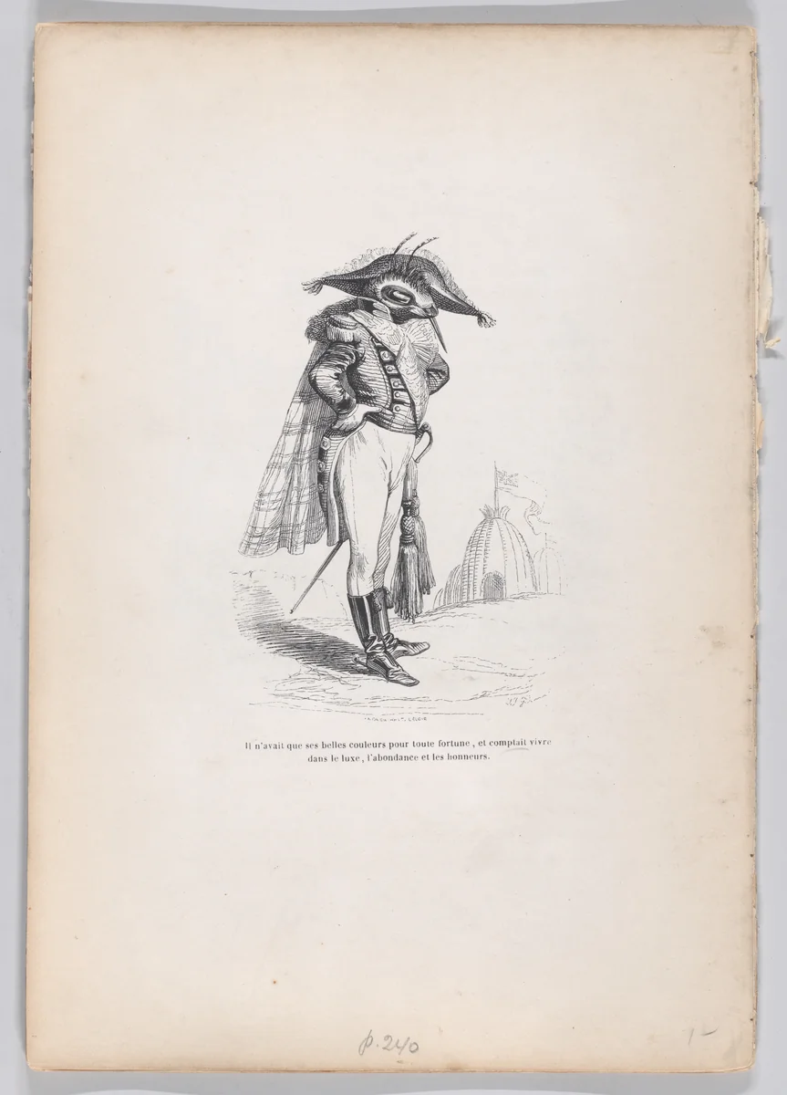 He had only his beautiful colors..., from "Scenes from the Private and Public Life of Animals" by J. J. Grandville, print, 1832-1852