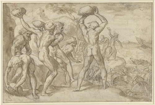 Laestrygonen verpletteren de vloot van Odysseus met zware stenen by anonymous, drawing, 1500-1640