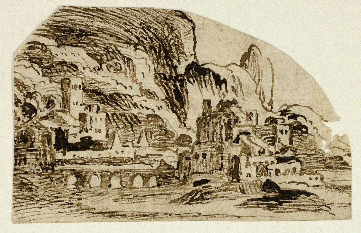 Citadel and Bridge in the Mountains by Unknown Artist, drawing, 1600-1649