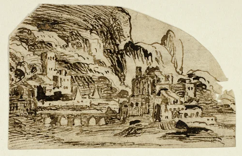 Citadel and Bridge in the Mountains by Unknown Artist, drawing, 1600-1649