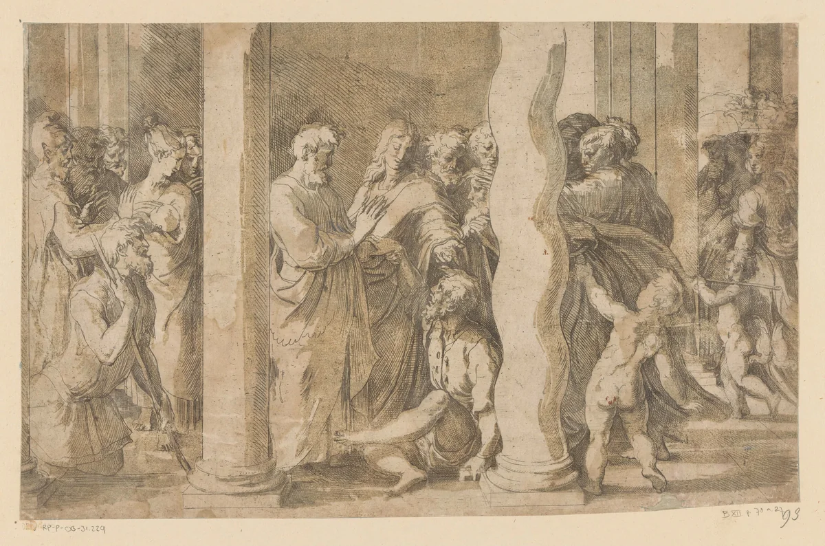 Petrus en Johannes genezen een verlamde man bij de tempelpoort by Unknown, print, 1513-1540
